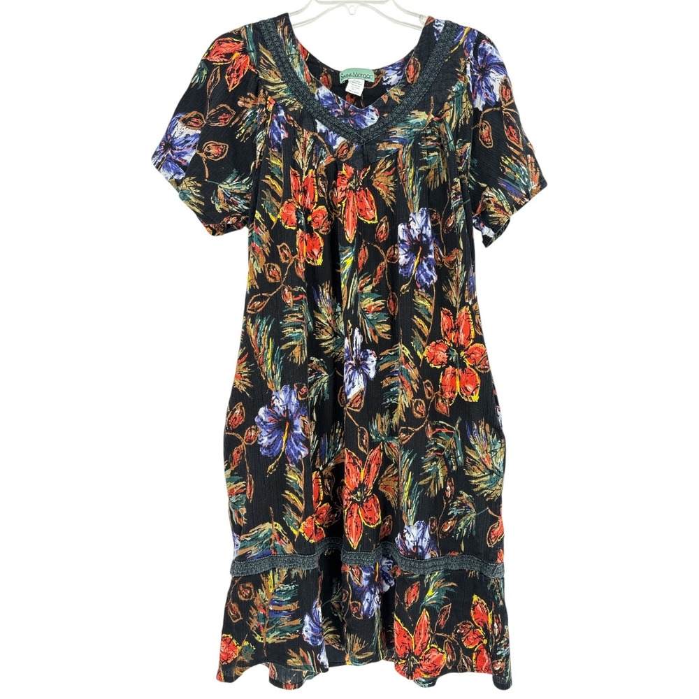 Cotton Gauze Floral Dress Women Size L Black Crochet Trim Boho Muumuu Oversized
